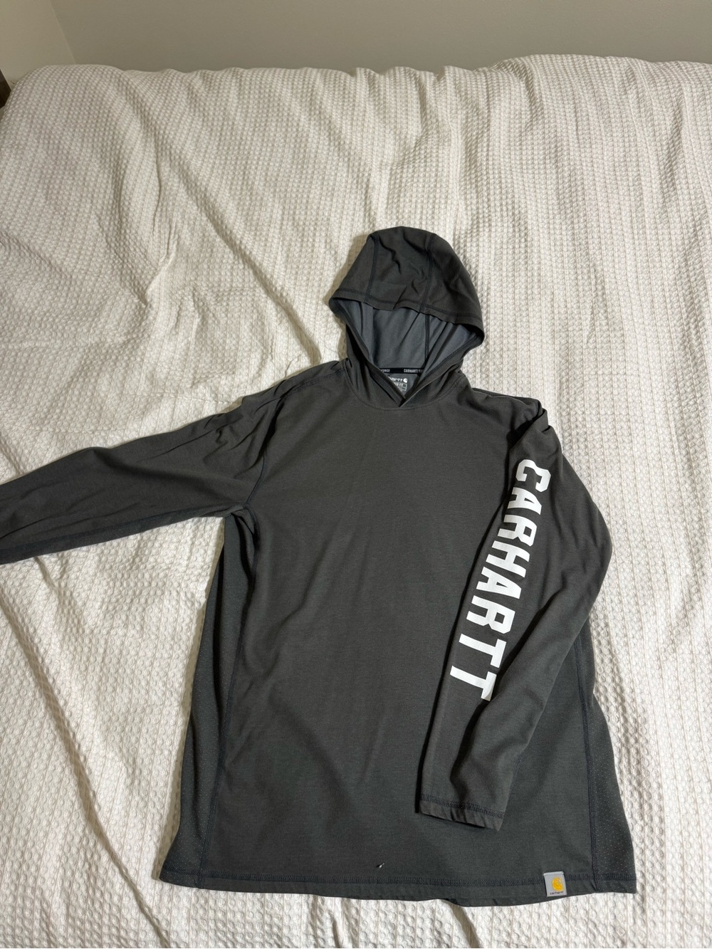 Carhartt Charcoal Hooded Long-Sleeve Pullover with Sleeve Logo